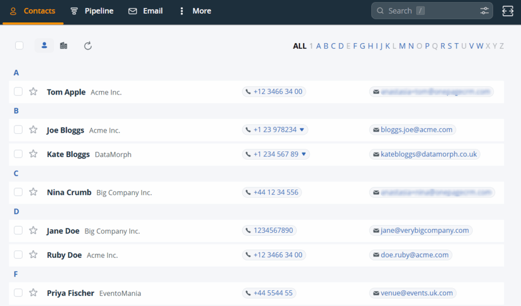 onepagecrm contact list
