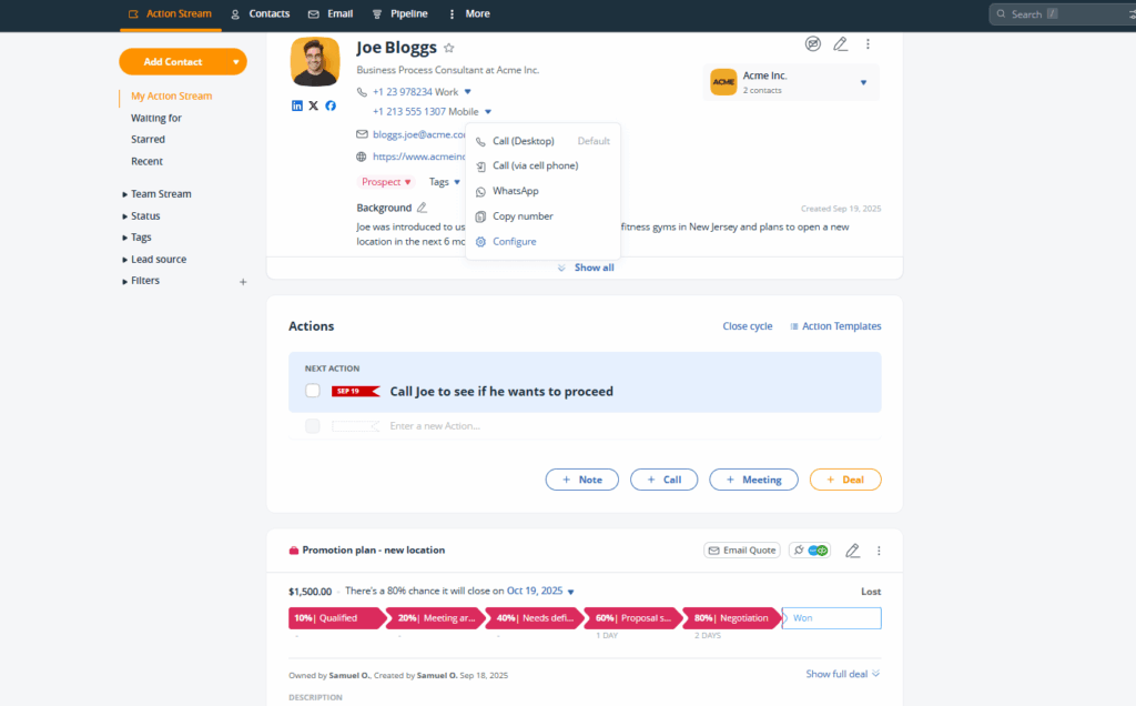 onepagecrm actionable contact profile