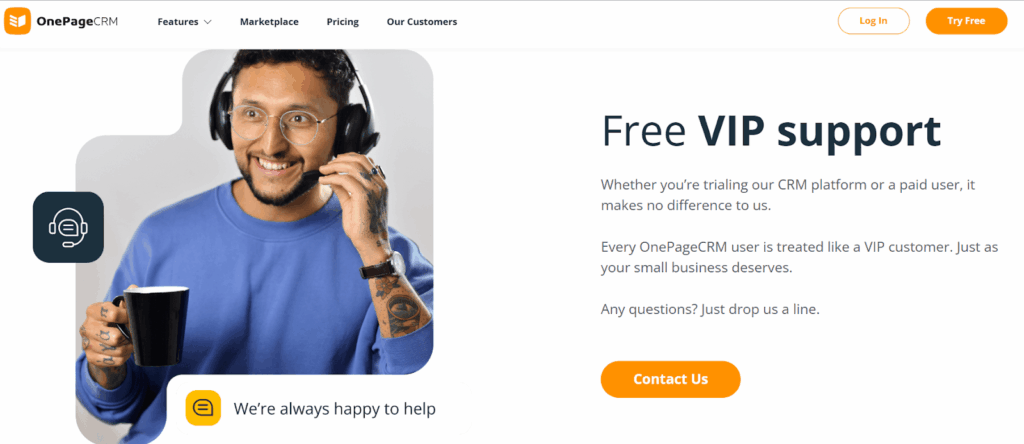 onepagecrm free vip customer support
