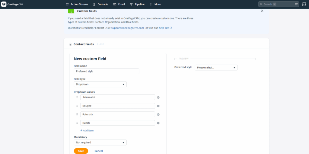 custom fields in onepagecrm