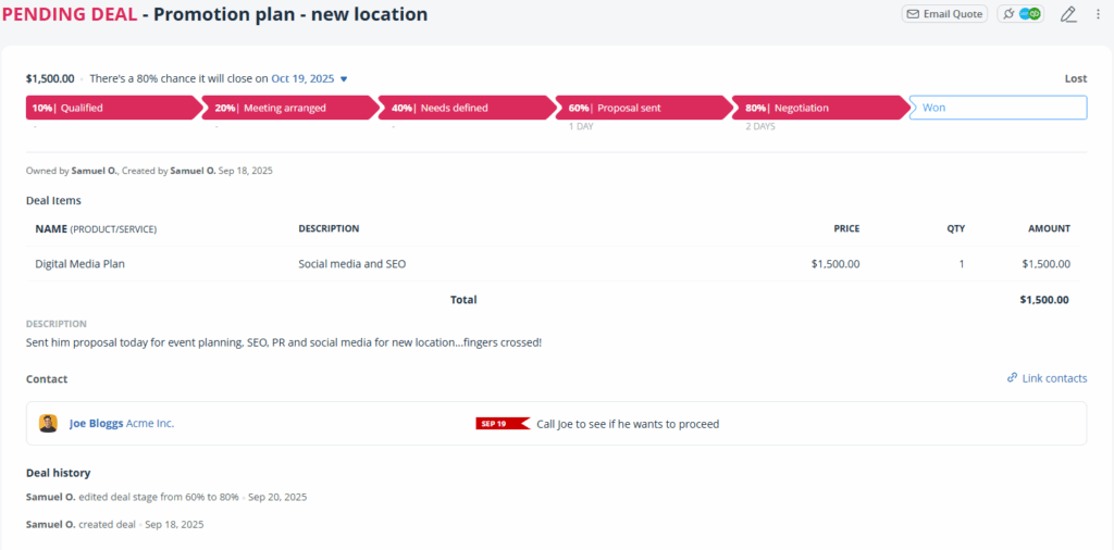 onepagecrm deal details