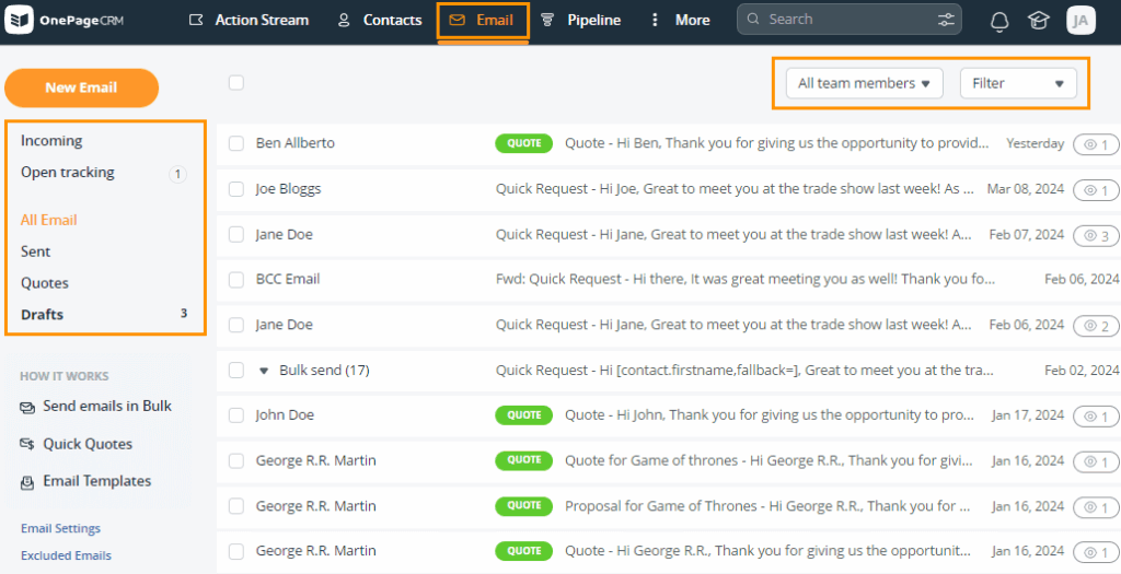onepagecrm email sync inbox