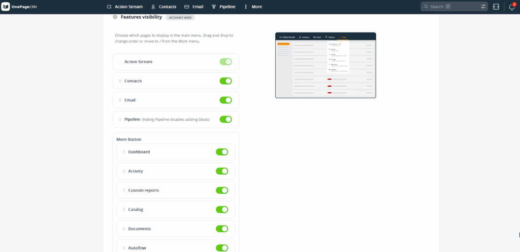 hiding modules in onepagecrm