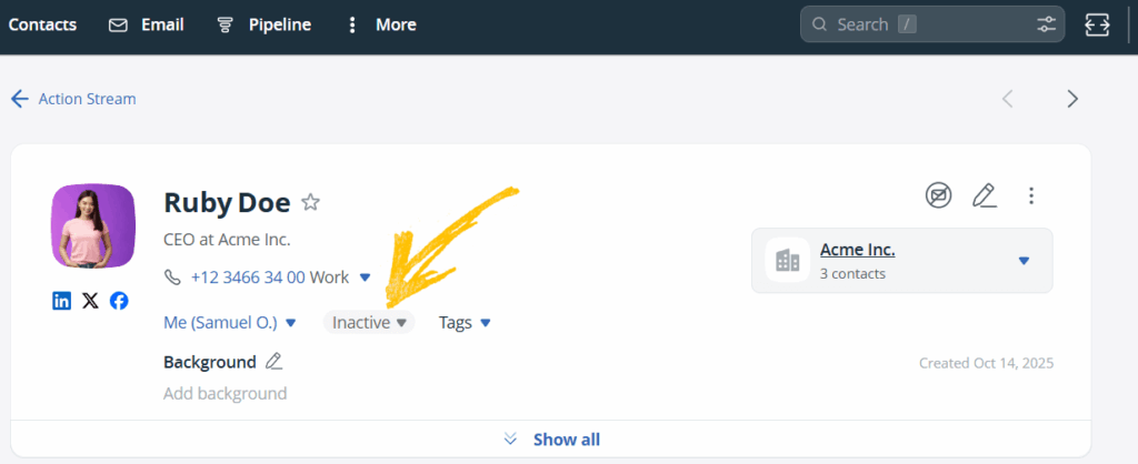 inactive contact status in onepagecrm
