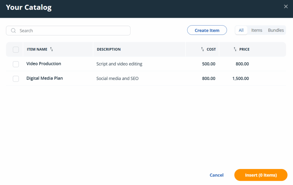 onepagecrm product service catalog