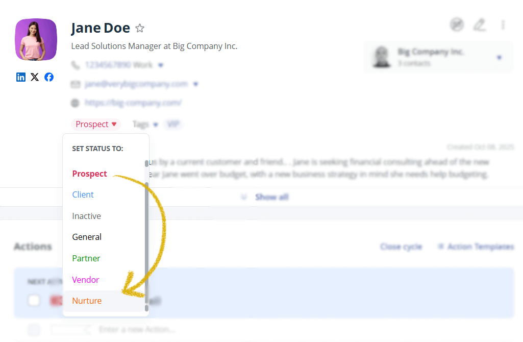 change contact status in onepagecrm