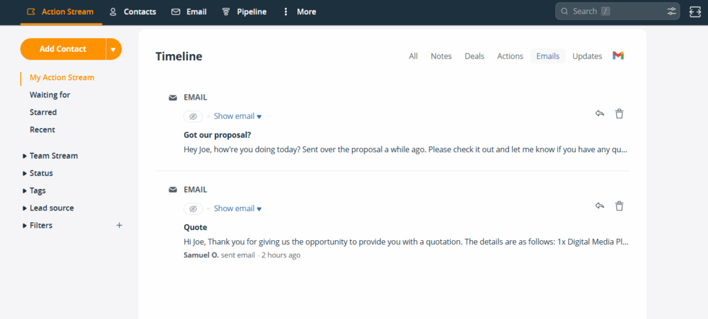 sales emails to leads inside crm