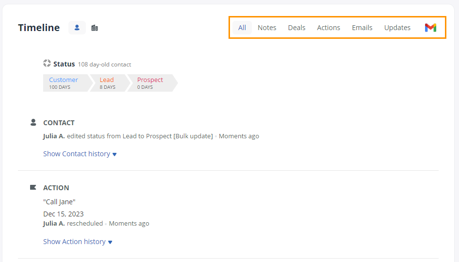 contact timeline in onepagecrm