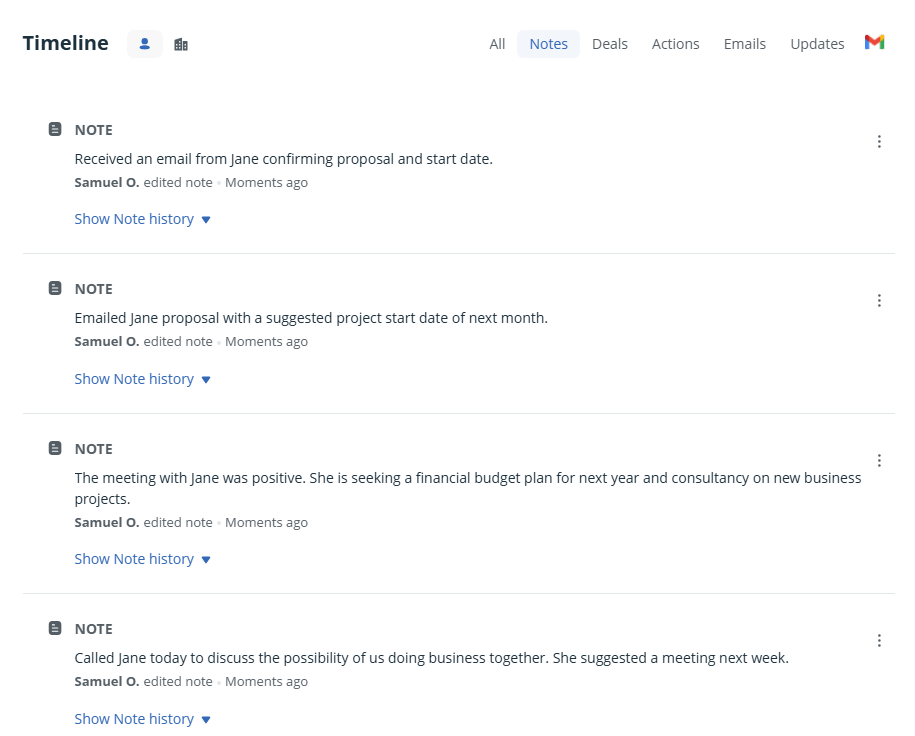 interaction history in onepagecrm