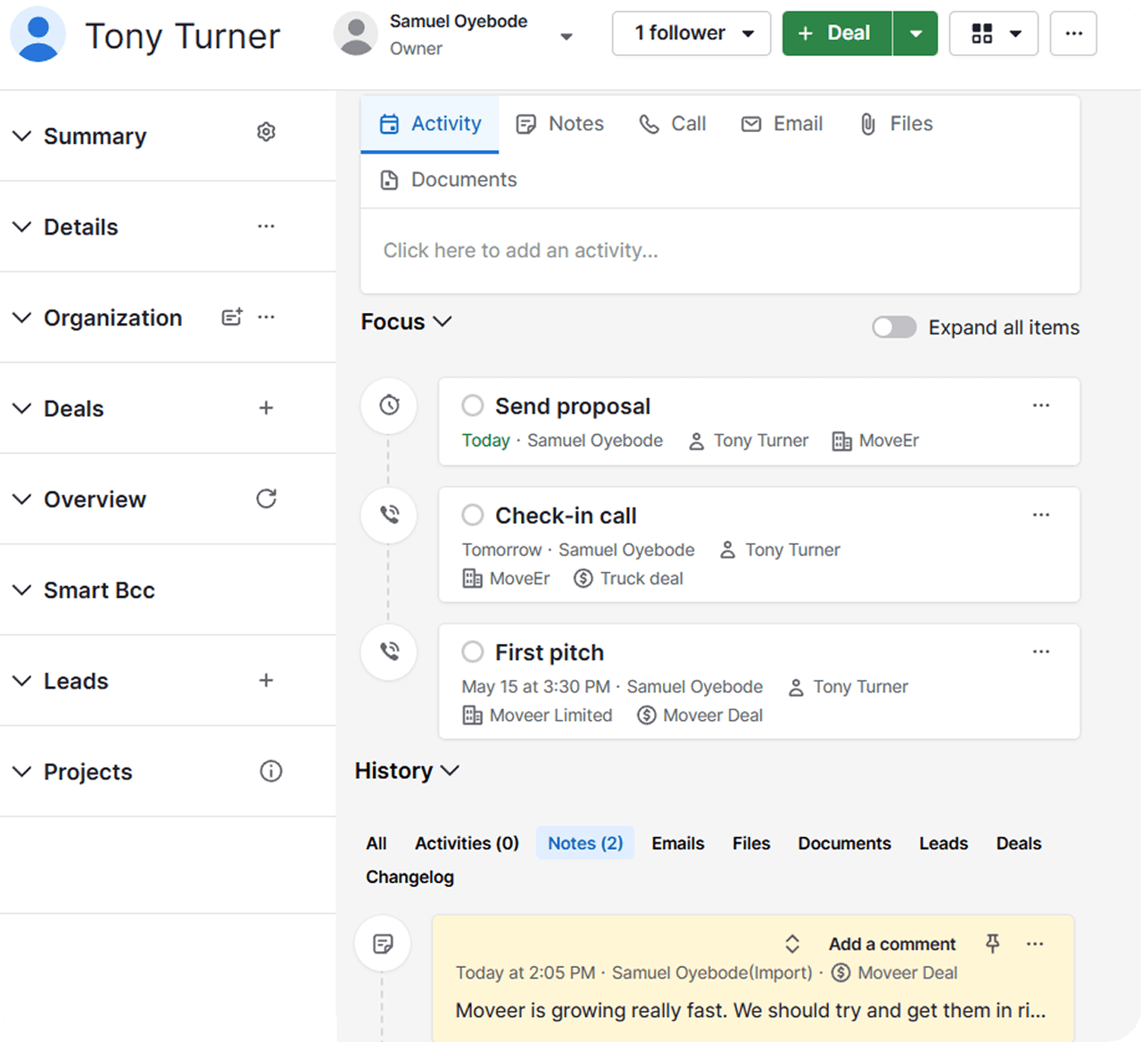 Pipedrive contact page