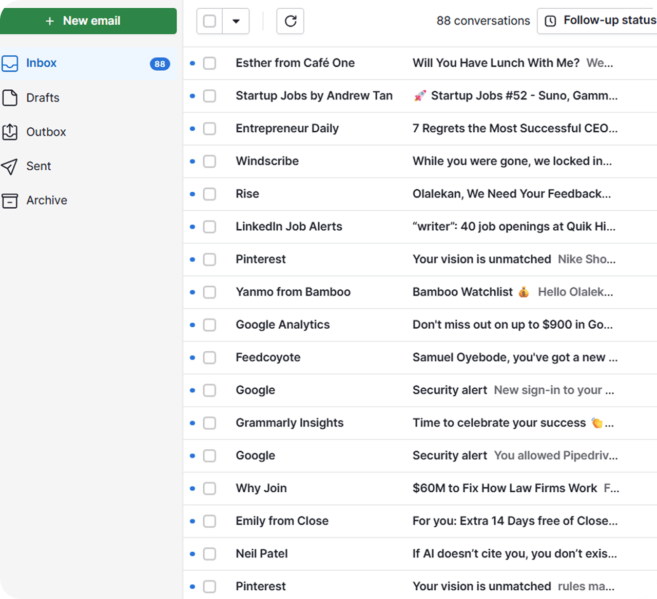 Pipedrive's unfiltered email inbox