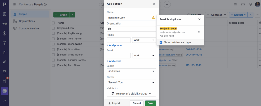 pipedrive crm duplicate alert