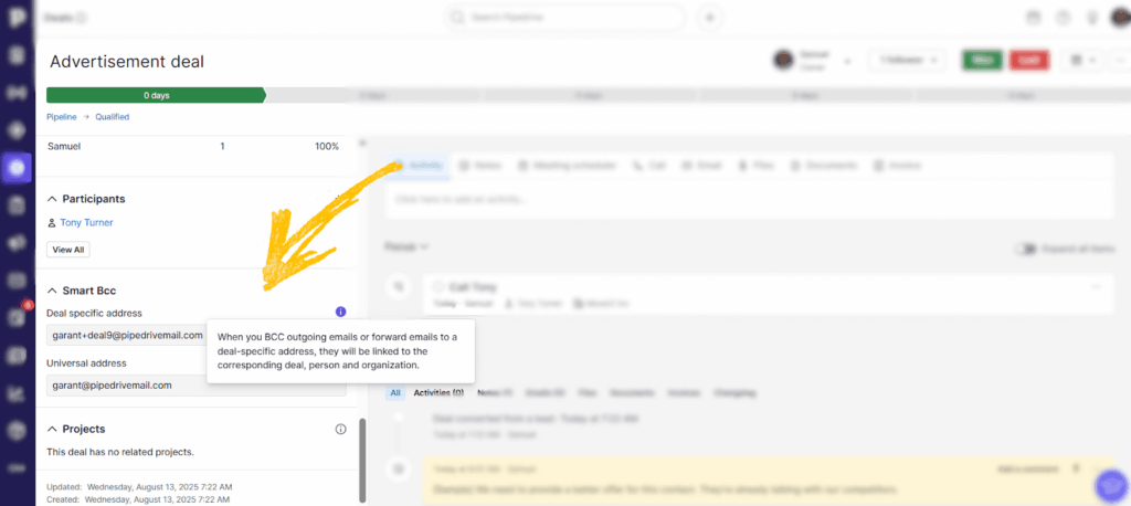 pipedrive crm bcc email logging