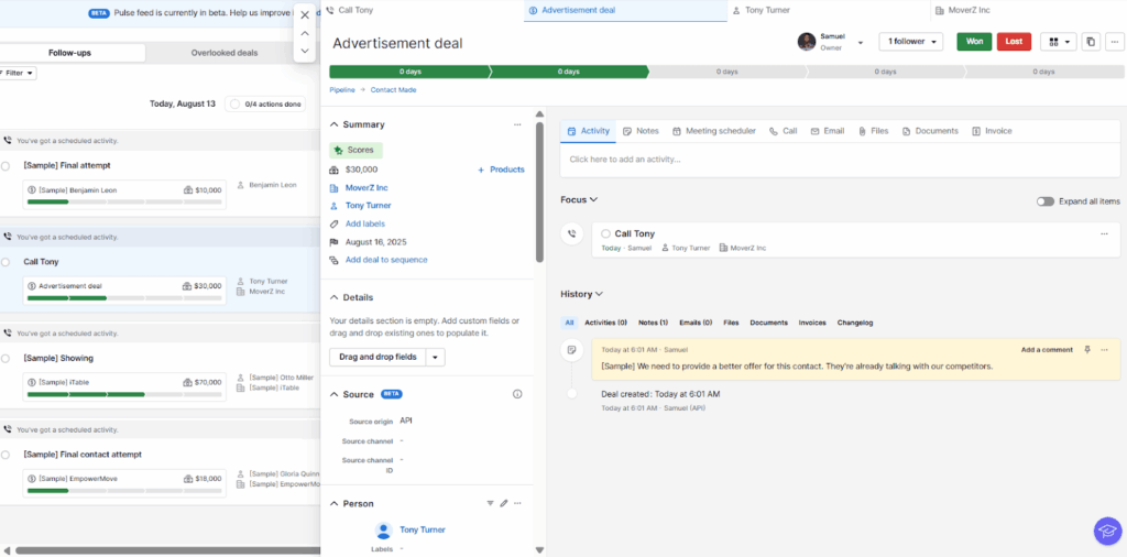 follow-up tracking pipedrive crm