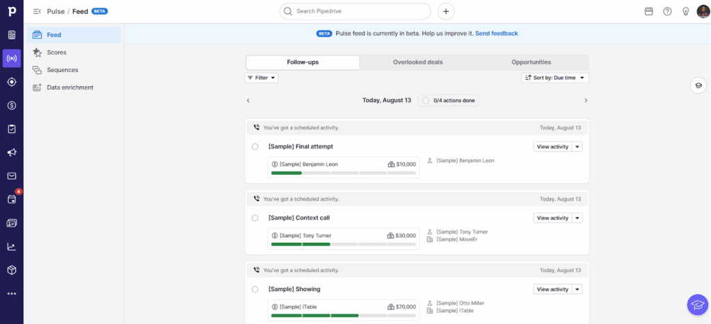 pipedrive crm follow-up feed