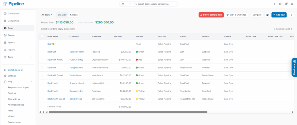 pipeline crm deal list