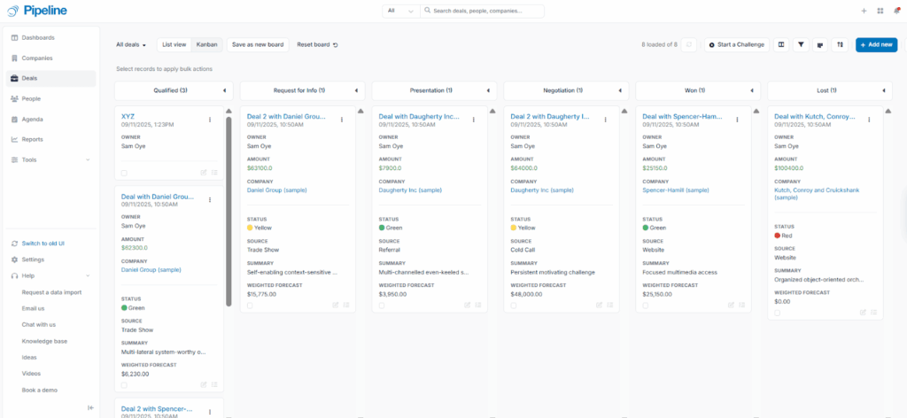pipeline crm deals in kanban pipeline