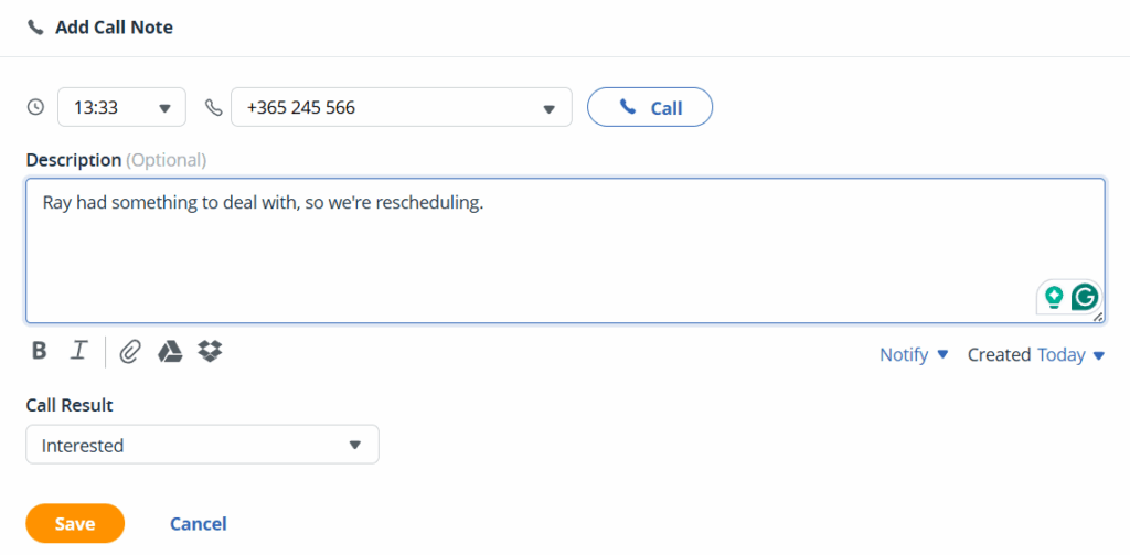 note after call in onepagecrm