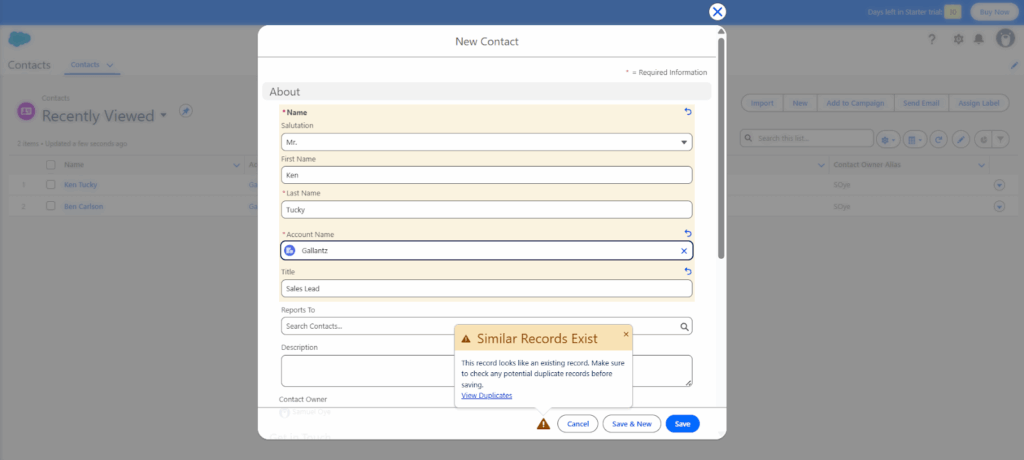 salesforce crm duplicate warning