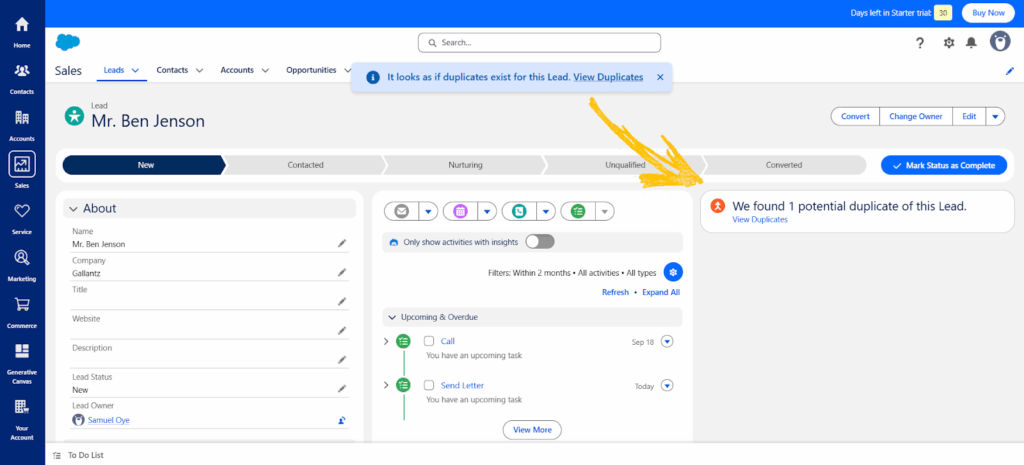 salesforce crm duplicate notification
