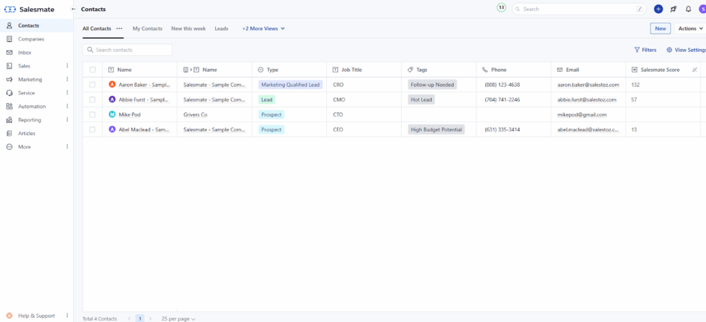 salesmate crm contact list