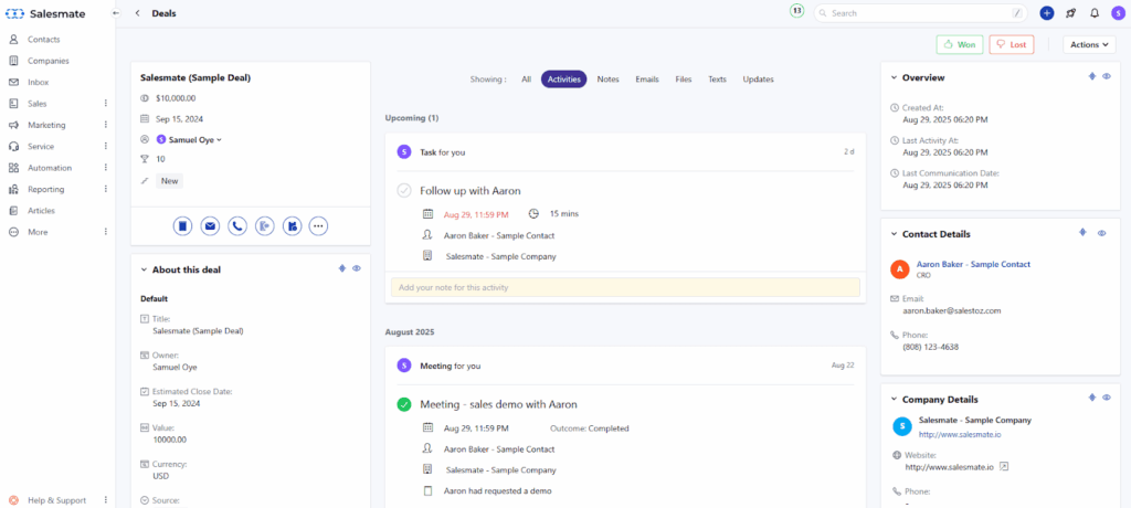 salesmate crm deal information