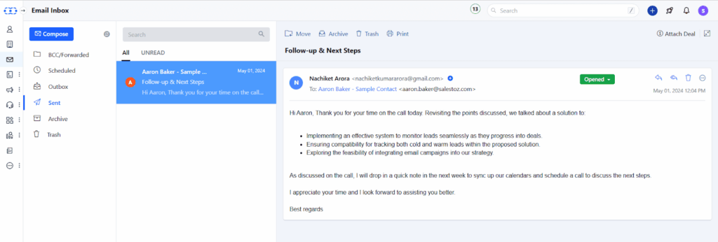 salesmate crm email inbox