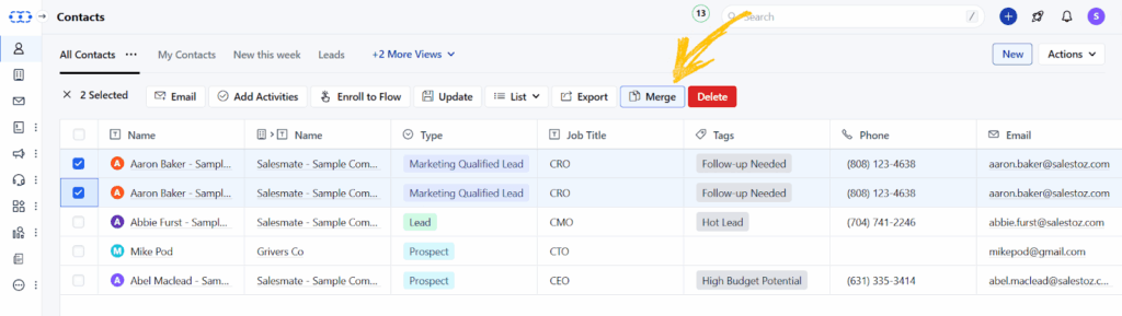 salesmate crm contact merge