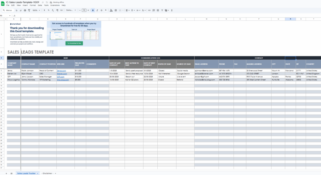 free lead tracker template by smartsheet