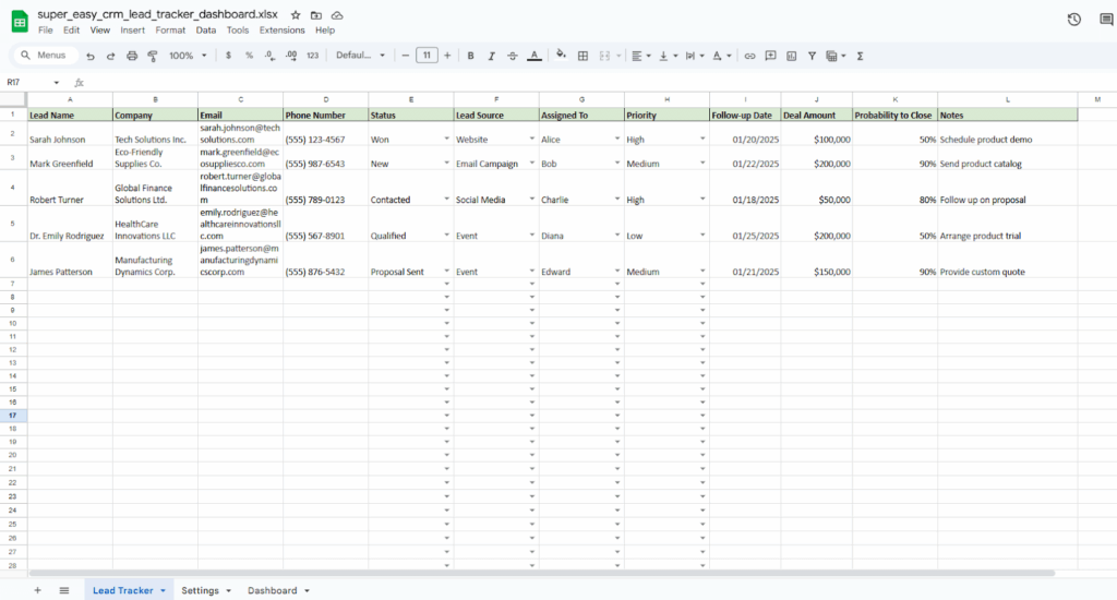 free template for lead management by super easy crm