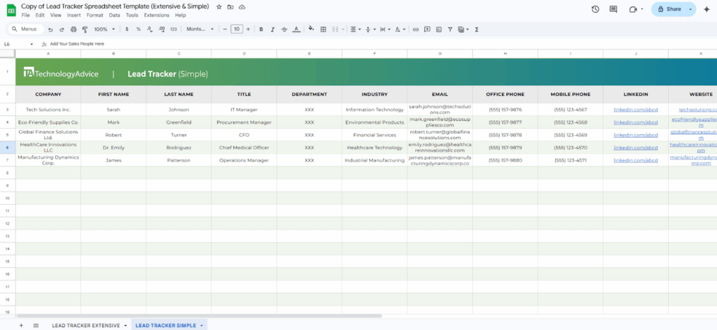 free lead tracker template by Technology Advice