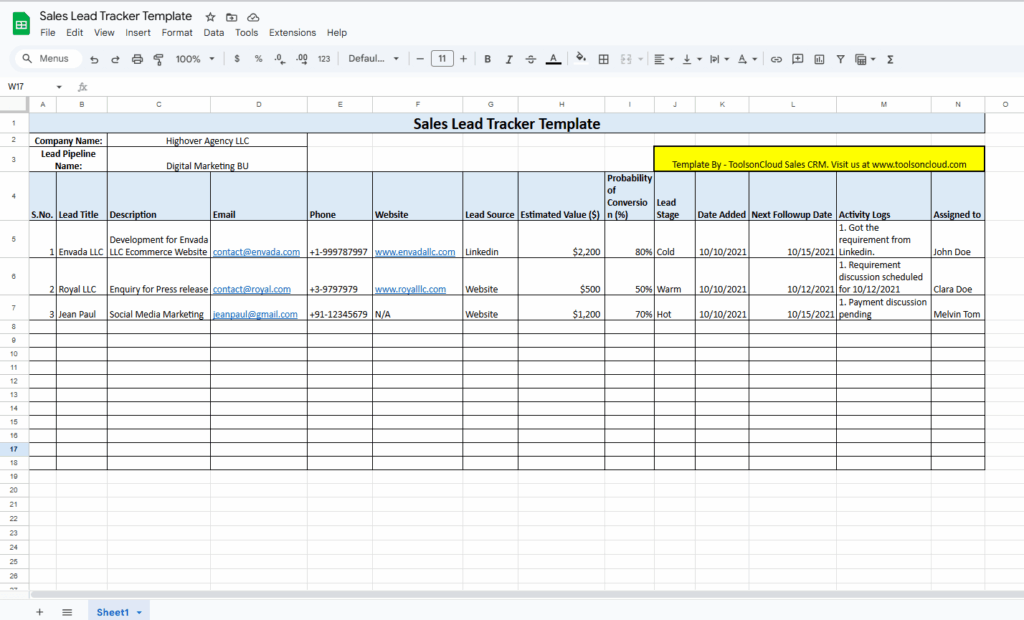 free lead tracker template by ToolsOnCloud