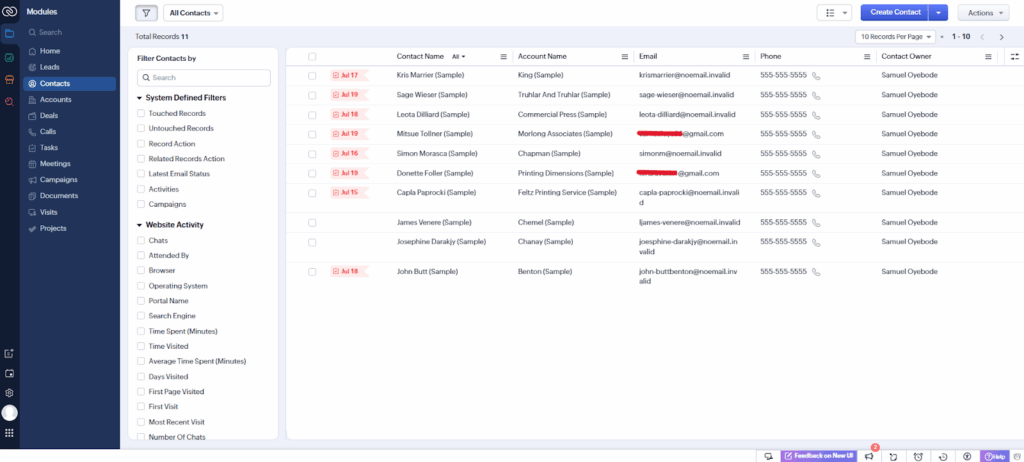 zoho crm contact list