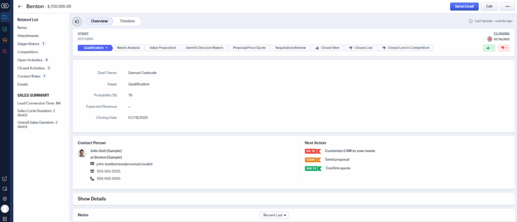 zoho crm deal page