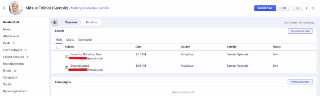 zoho crm email logs