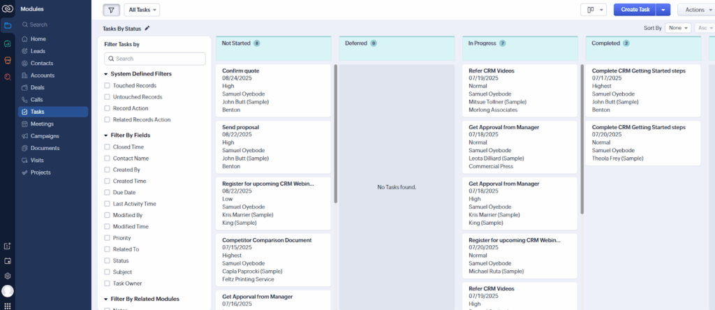 kanban task board in zoho crm